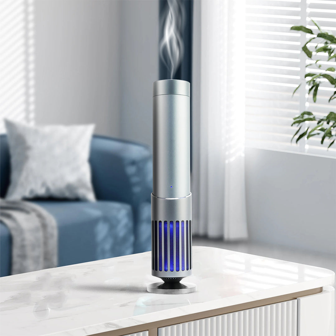 Smart aroma diffuser and speaker by ebarza, with sleek design and control features, suitable for spaces up to 300m³.