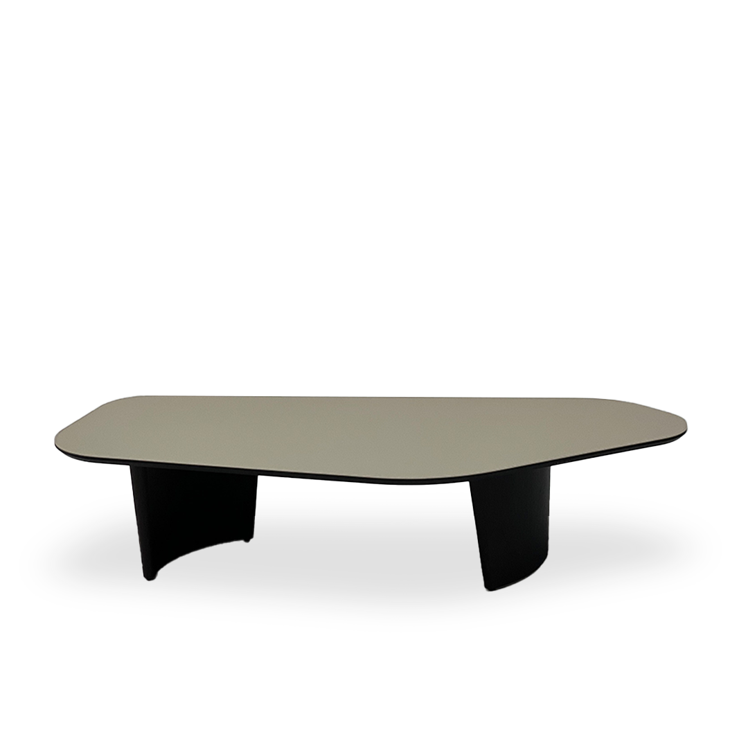 Smoky saddle leather coffee table with sleek wooden legs, modern design, and textured surface for contemporary living room decor