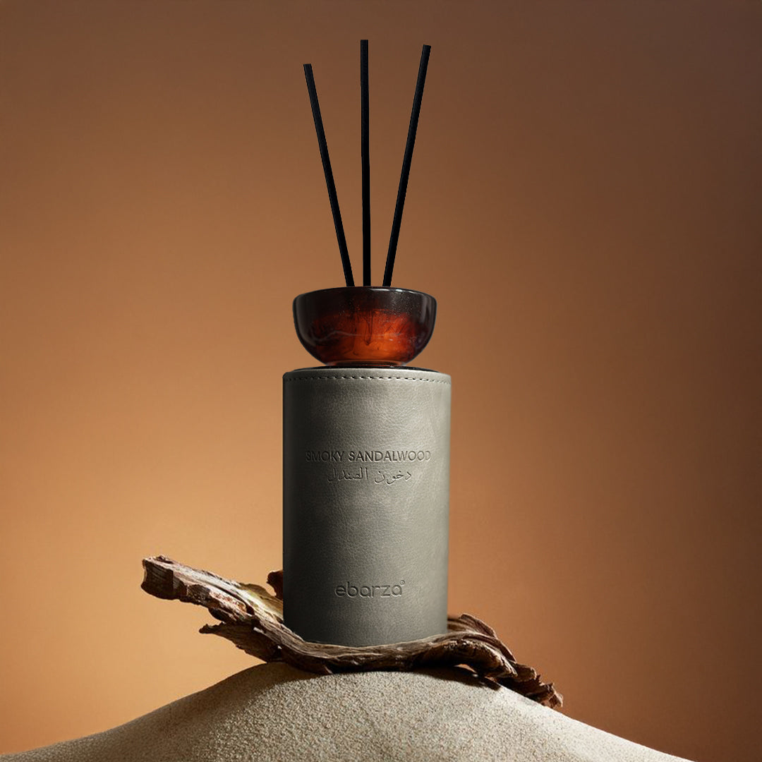 Smoky Sandalwood stick diffuser with leather cover, 200ml, offering warm wood aroma from M&SENSE stick diffuser.