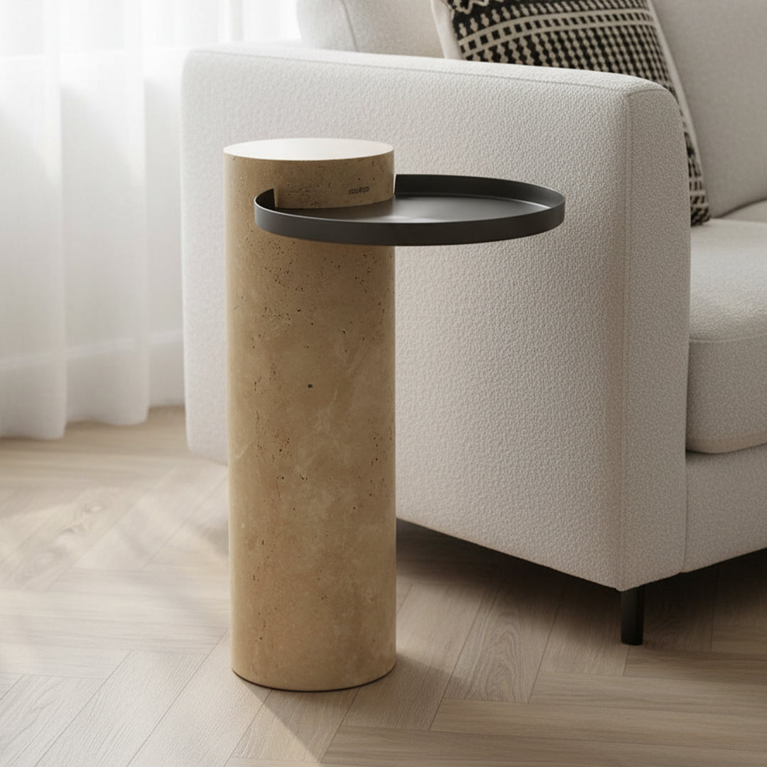 Solid travertine side table by BEACON, model ST8699-32-NEW, with a sleek, natural stone finish perfect for modern living spaces.
