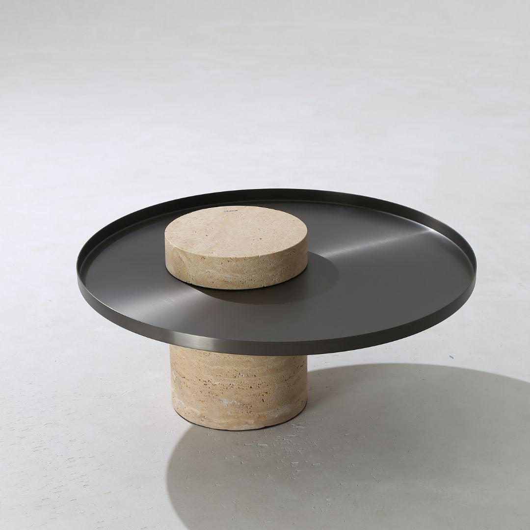 Solid travertine side table by BEACON, model ST8699-70-NEW, featuring a sleek, natural stone surface and modern design.