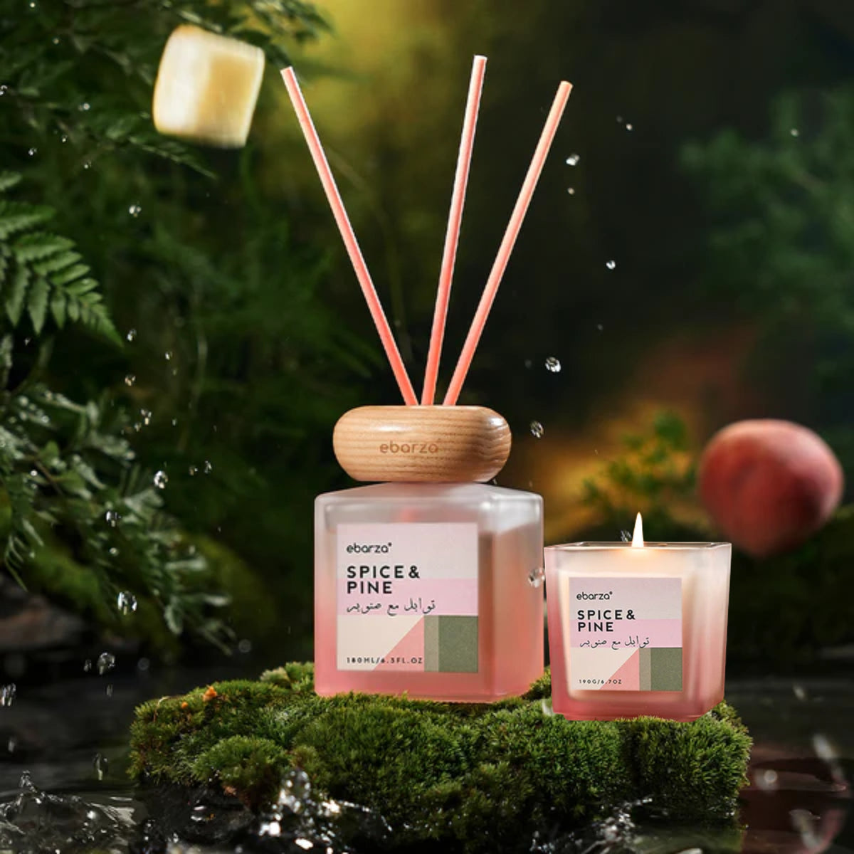 SPICE & PINE bundle with stylish scented candle and sticks diffuser, 190g candle and 180ml diffuser from M&SENSE Ebarza Vibes.