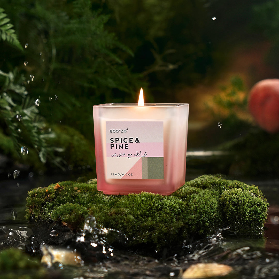 SPICE & PINE scented candle in a 190g jar, featuring warm spice and pine fragrance, by M&SENSE candles.