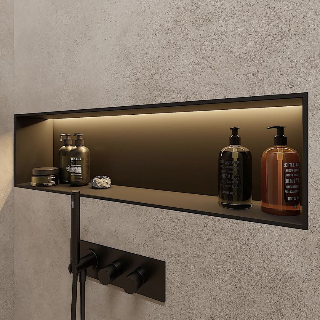 Black stainless steel LED niche profile for wall panels, designed for modern interior accents by BEACON JYF0502.
