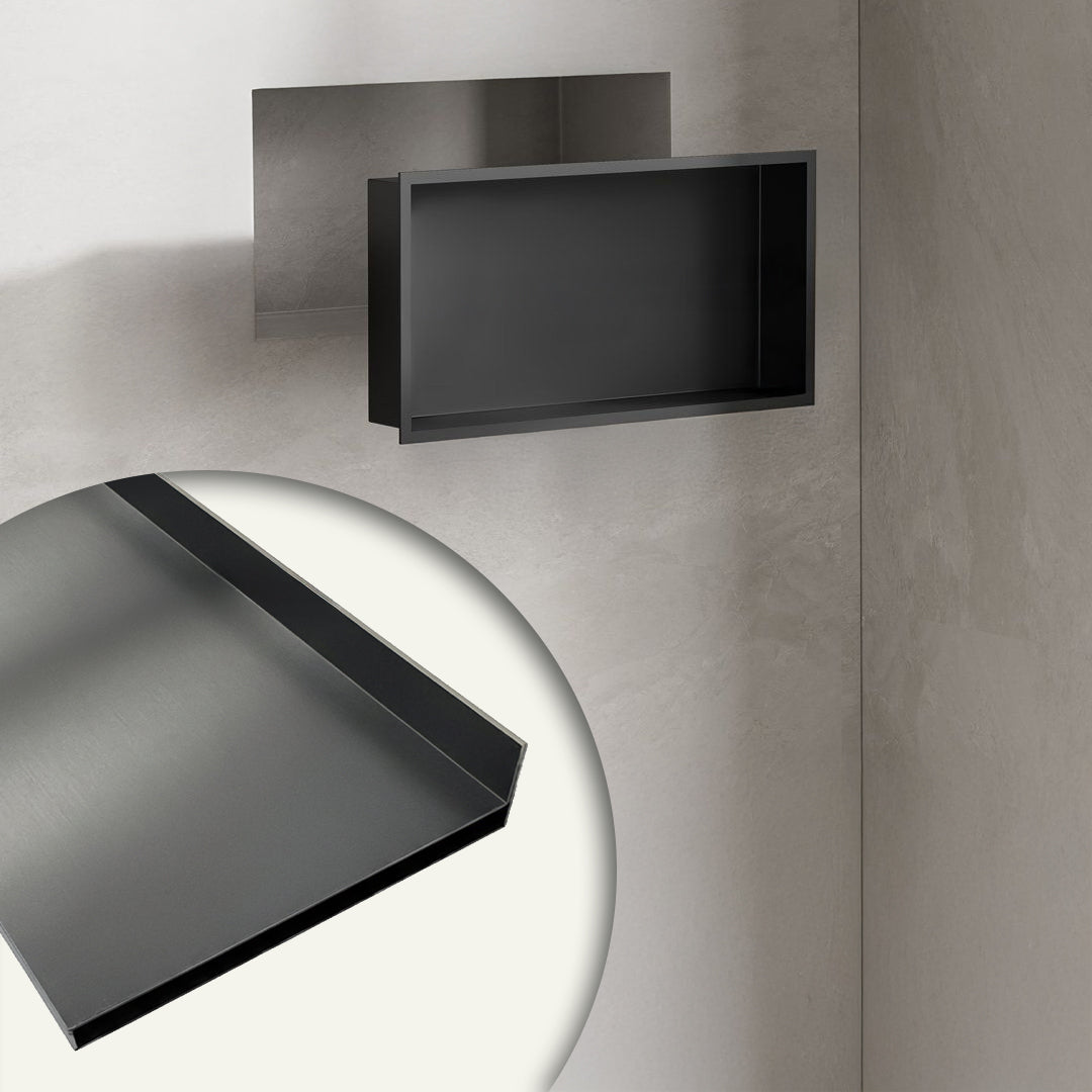 Black stainless steel shelf profile, 12cm wide, for wall panels, from BEACON JYF0505, showing sleek, modern wall-mounted design