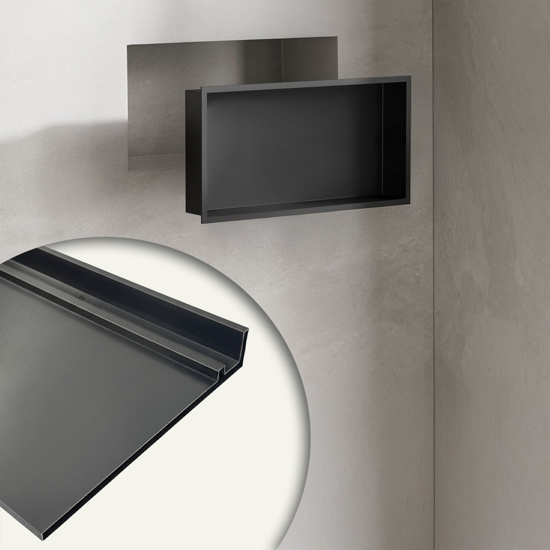 Black 23cm stainless steel shelf profile for wall panels by BEACON, ideal for modern storage and display solutions.