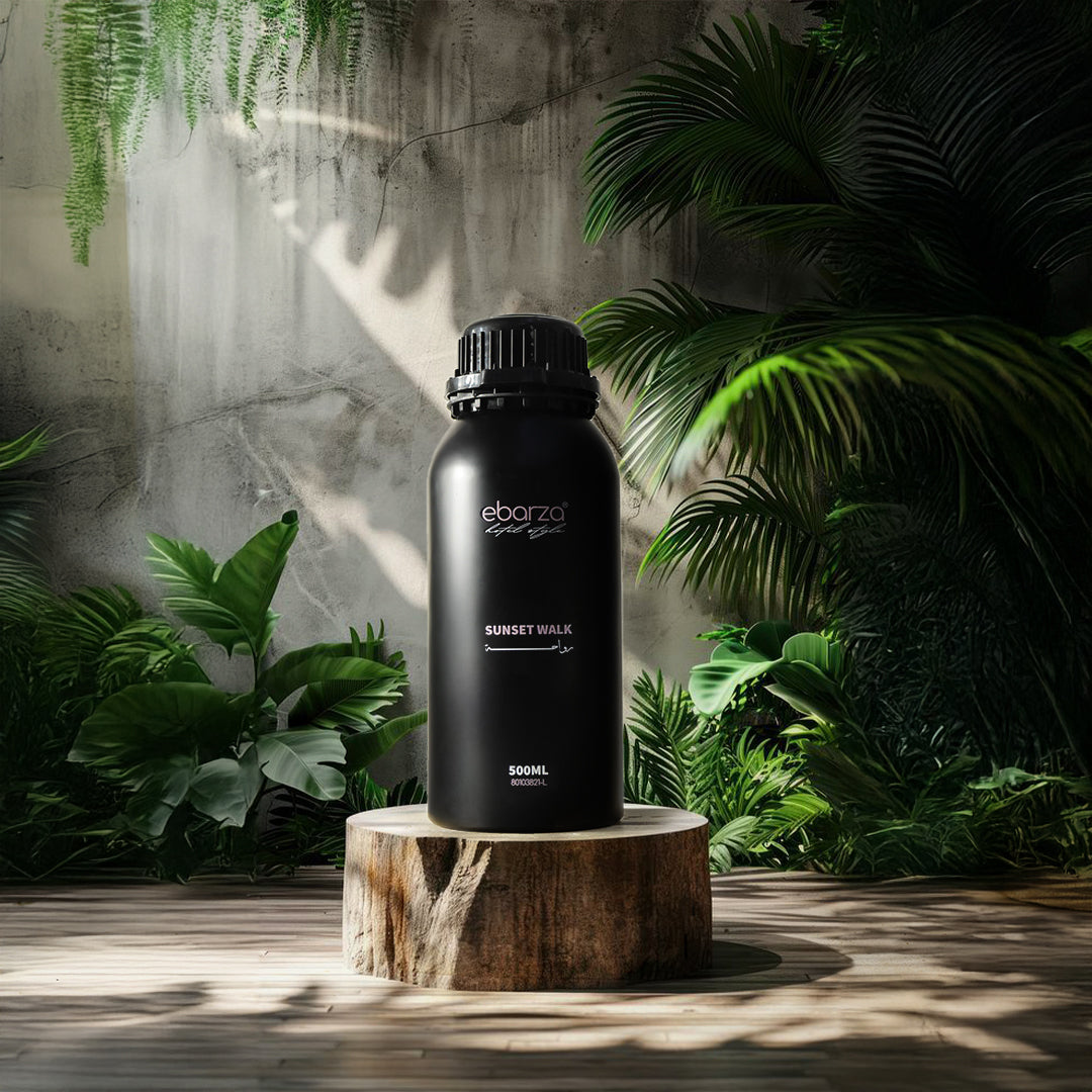 Sunset Walk Essential Oil 500ml by Beacon, with a sunset-inspired label, in a clear glass bottle, suitable for aromatherapy and massage.