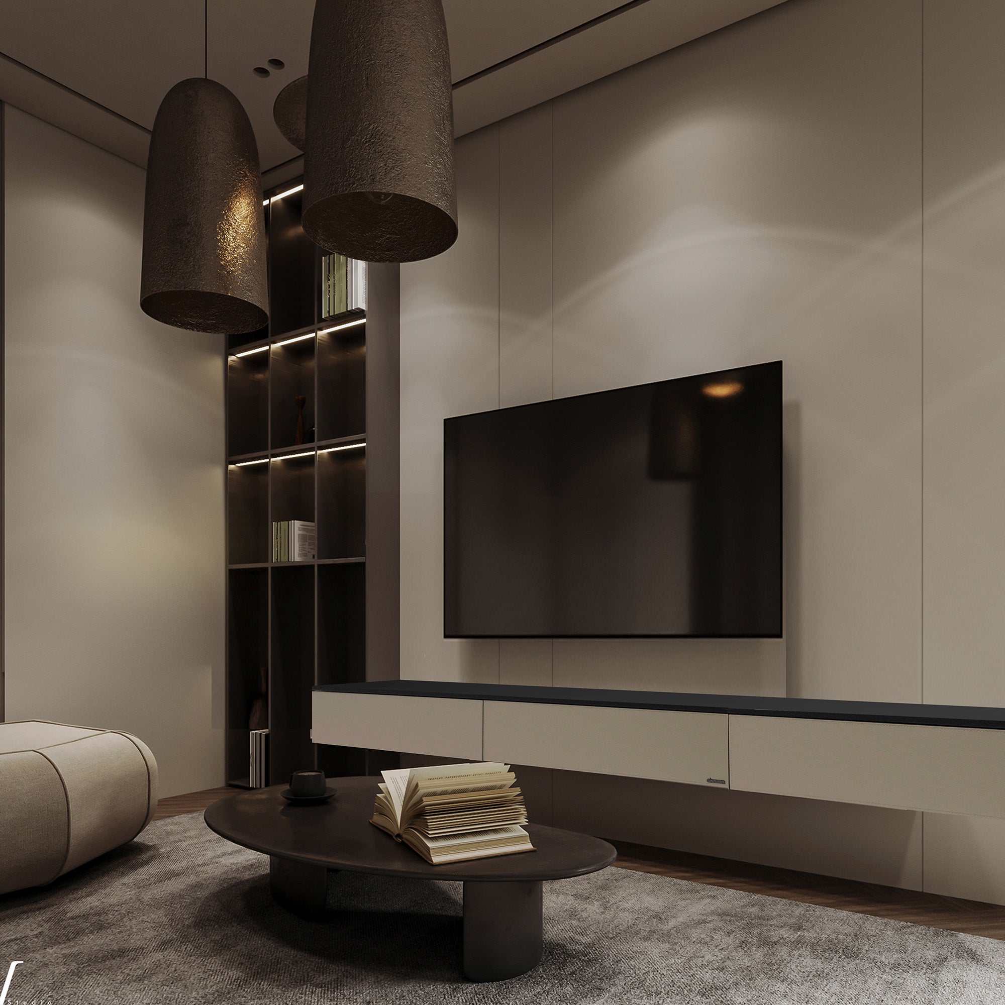 Beige suspended modular wall unit and TV dresser, 160cm, for storage and entertainment setup.