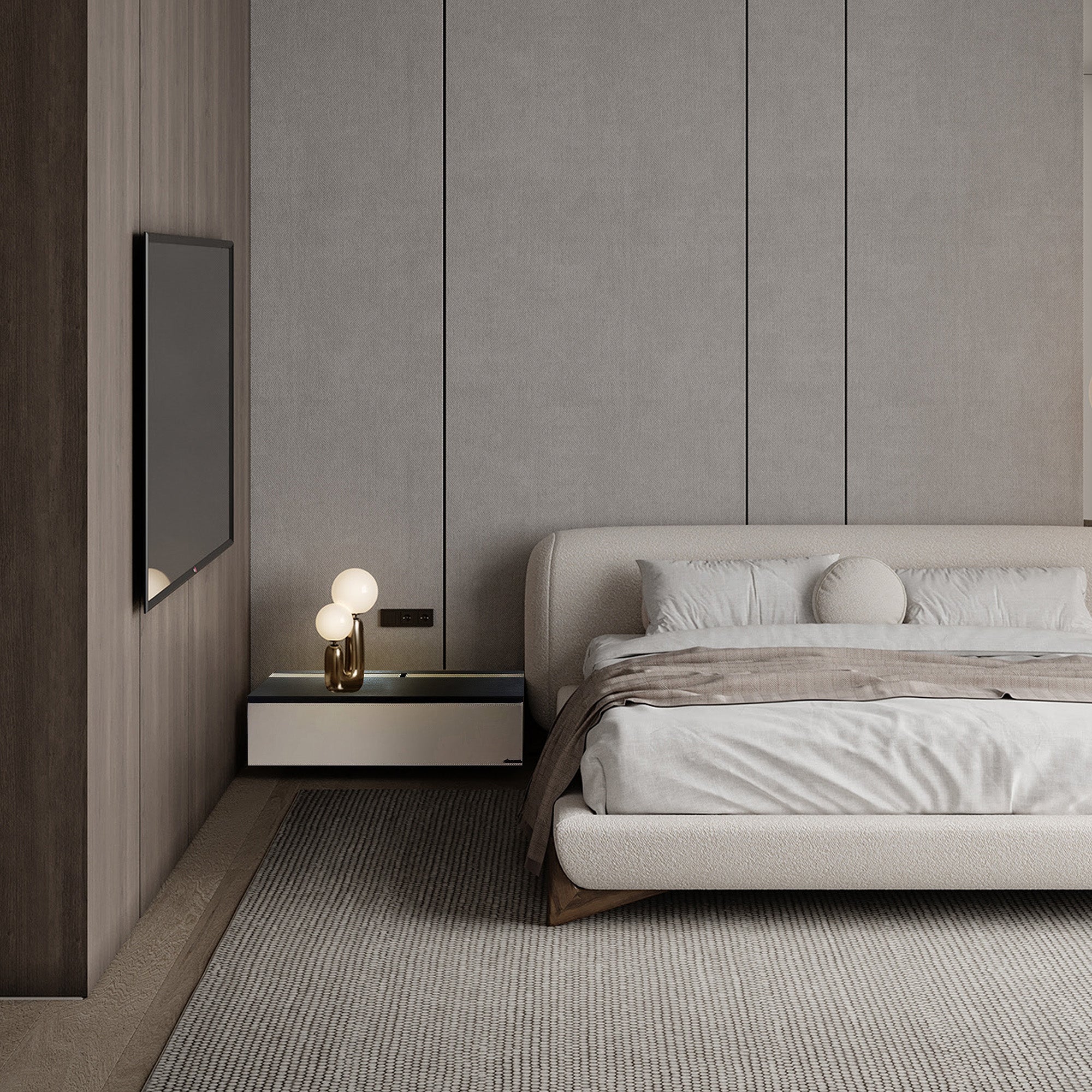 Beige suspended modular wall unit and TV dresser, 160cm, for storage and entertainment, by BEACON TGDG.