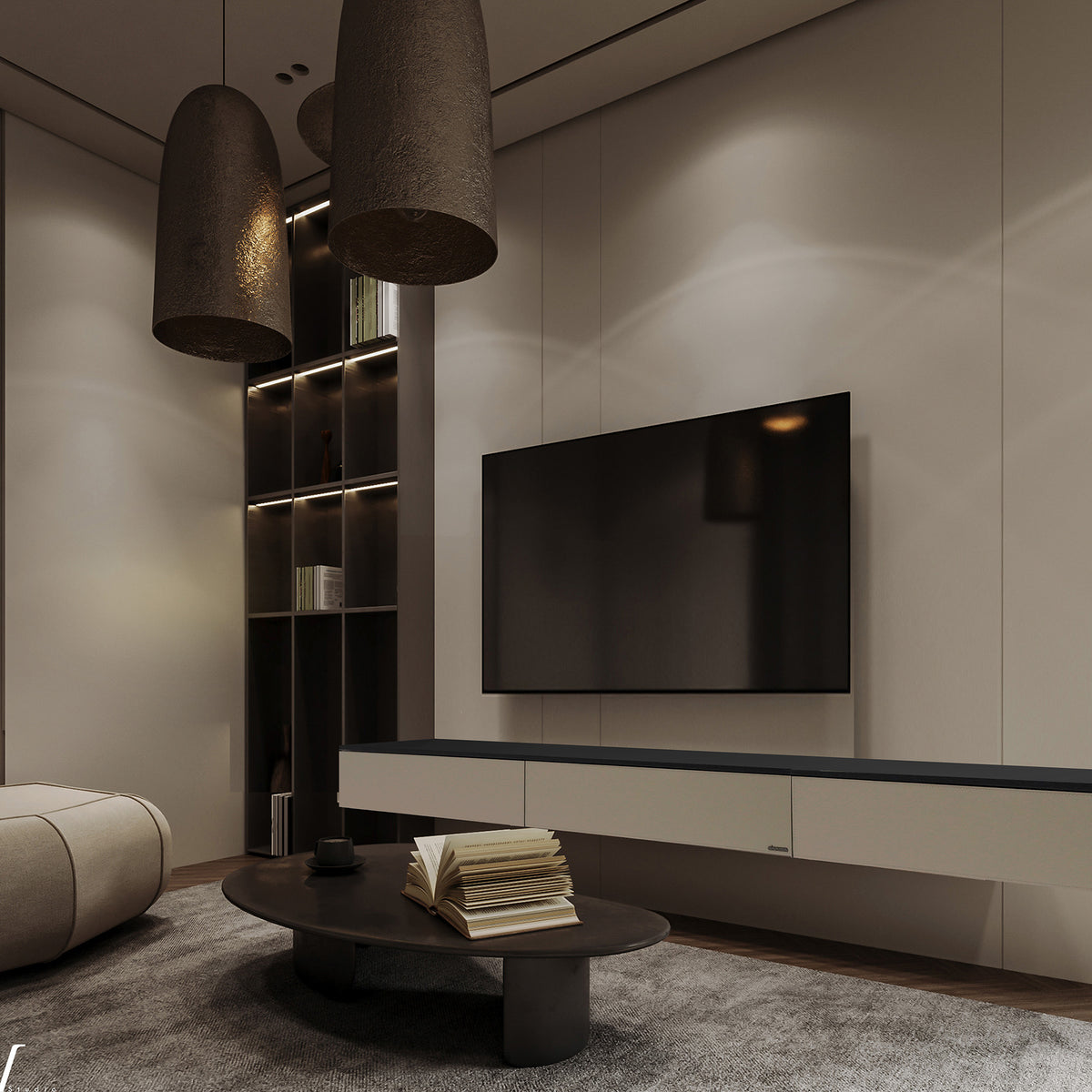 Beige suspended modular wall unit and side table for storage or TV setup, 80cm BEACON brand, modern design.