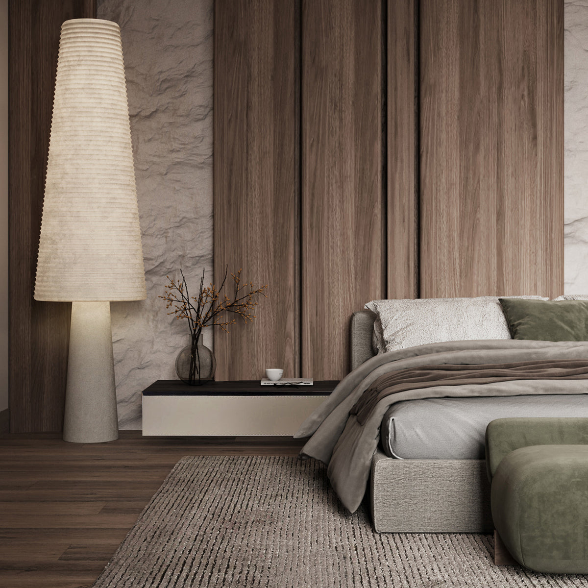 Beige suspended modular wall unit and side table for storage or TV setup, 80cm, by BEACON.