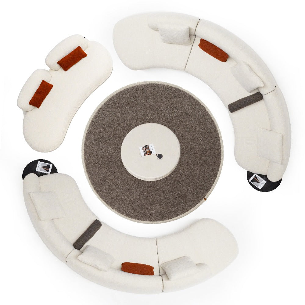 BEACON Teddy Curved Sofa with Side Table, modern living room furniture, beige upholstery, and sleek design.