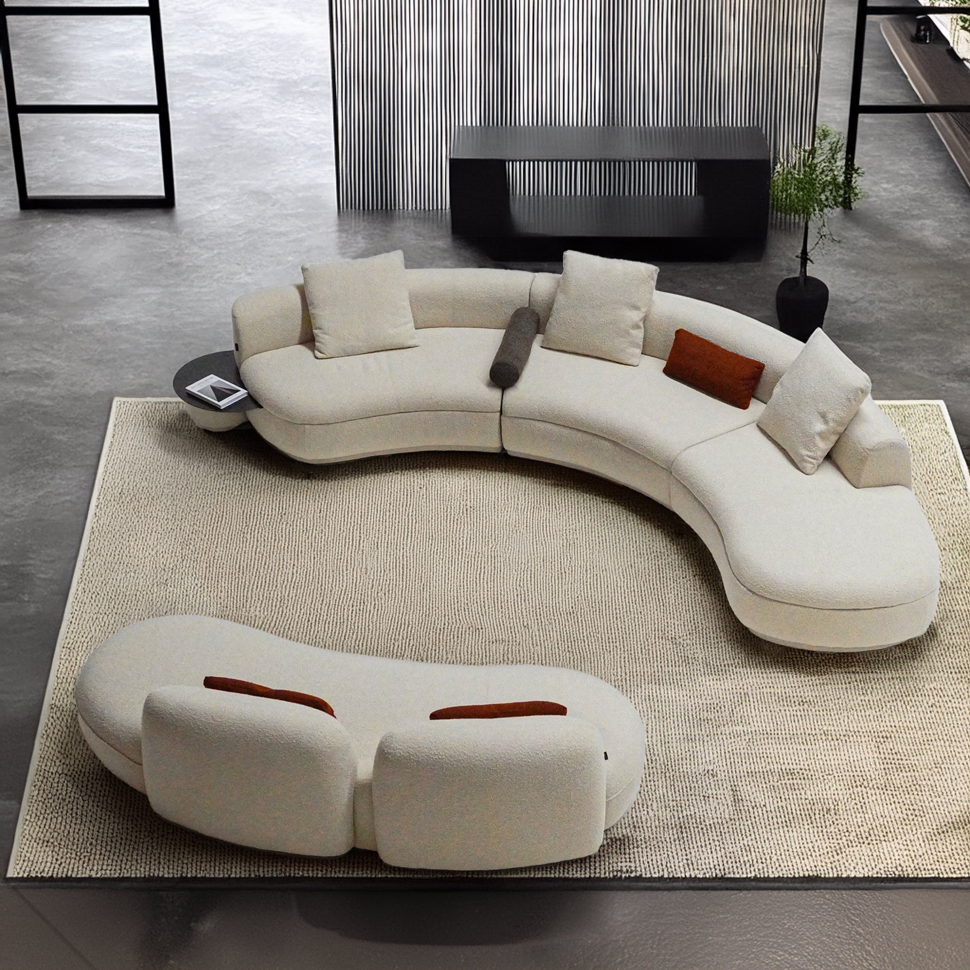 BEACON Teddy Curved Sofa with Side Table, modern living room furniture, plush fabric, and sleek design.