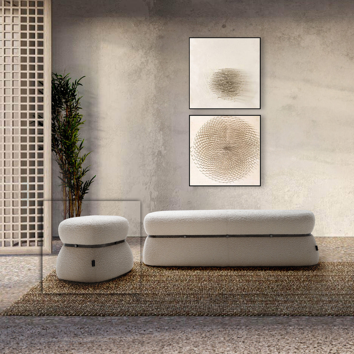 Beige Teddy Pouf BC708-1 by BEACON, soft plush fabric, round cushioned seat perfect for living room or lounge decor.