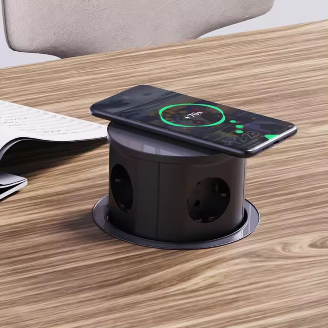 Tempered glass pop-up socket JXB-015A smart socket by BEACON with multiple power outlets and USB ports on a modern surface.