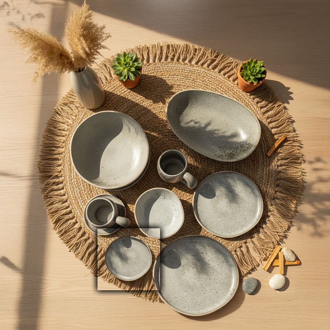 Beige Terra ceramic plate by BEACON, 5.5-inch round dinner plate with a smooth glazed finish.