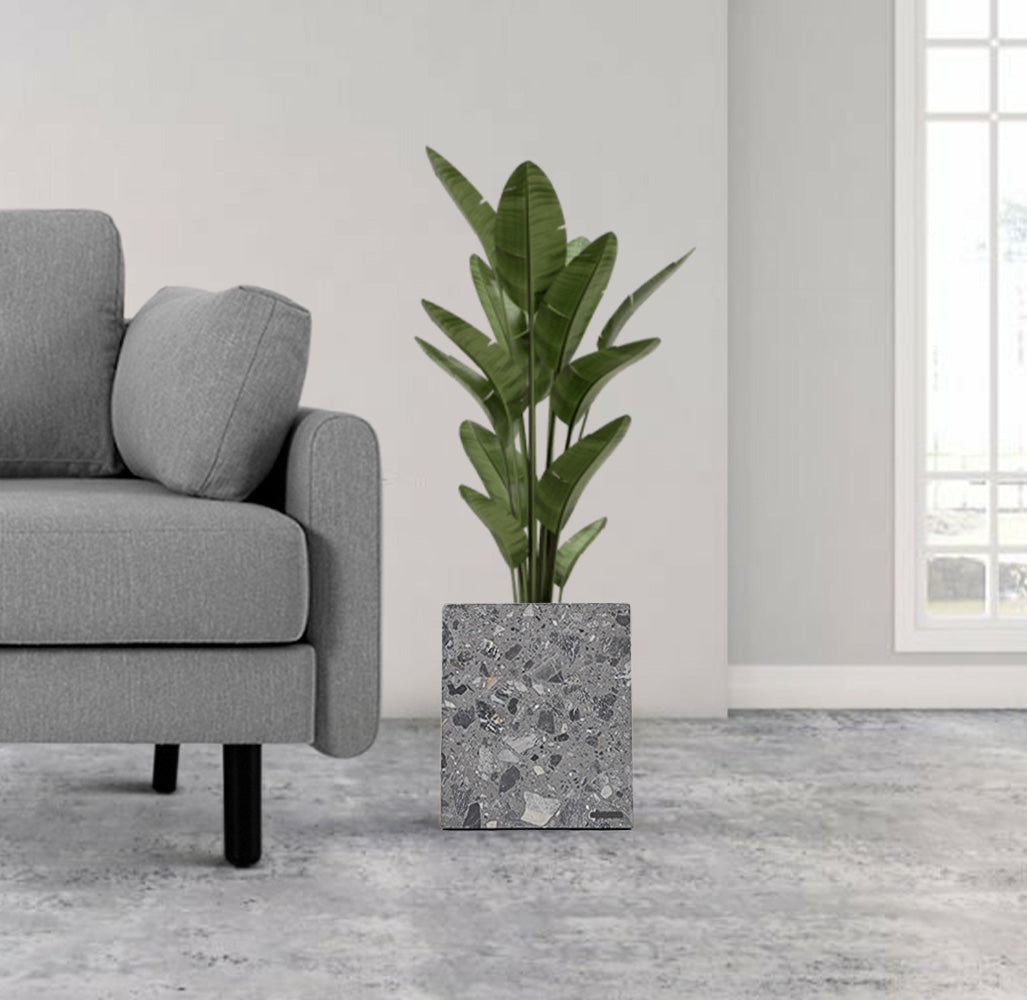 BEACON terrazzo planter box 305-N0370 with a smooth, speckled surface, ideal for indoor or outdoor plant displays.