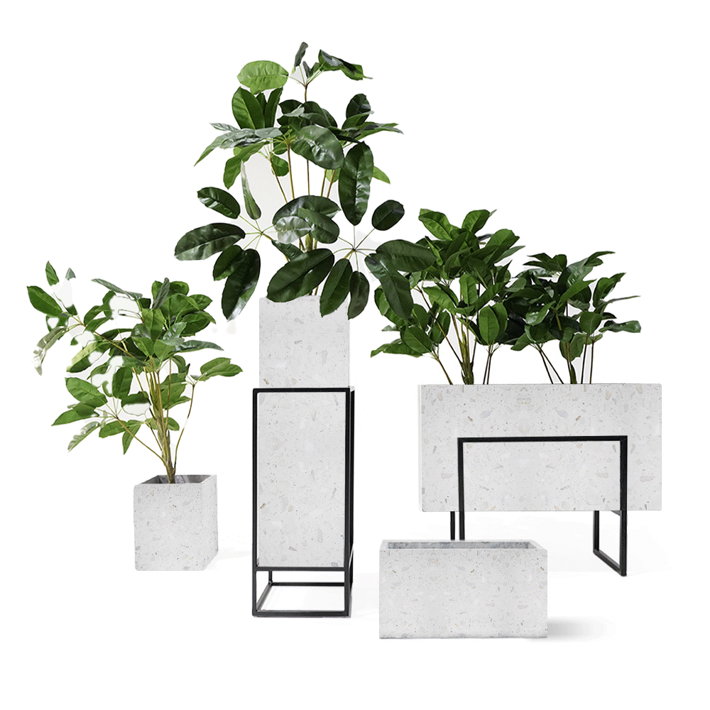 BEACON terrazzo planter box 309-N012, stylish square planter for indoor or outdoor use, with a speckled terrazzo finish.