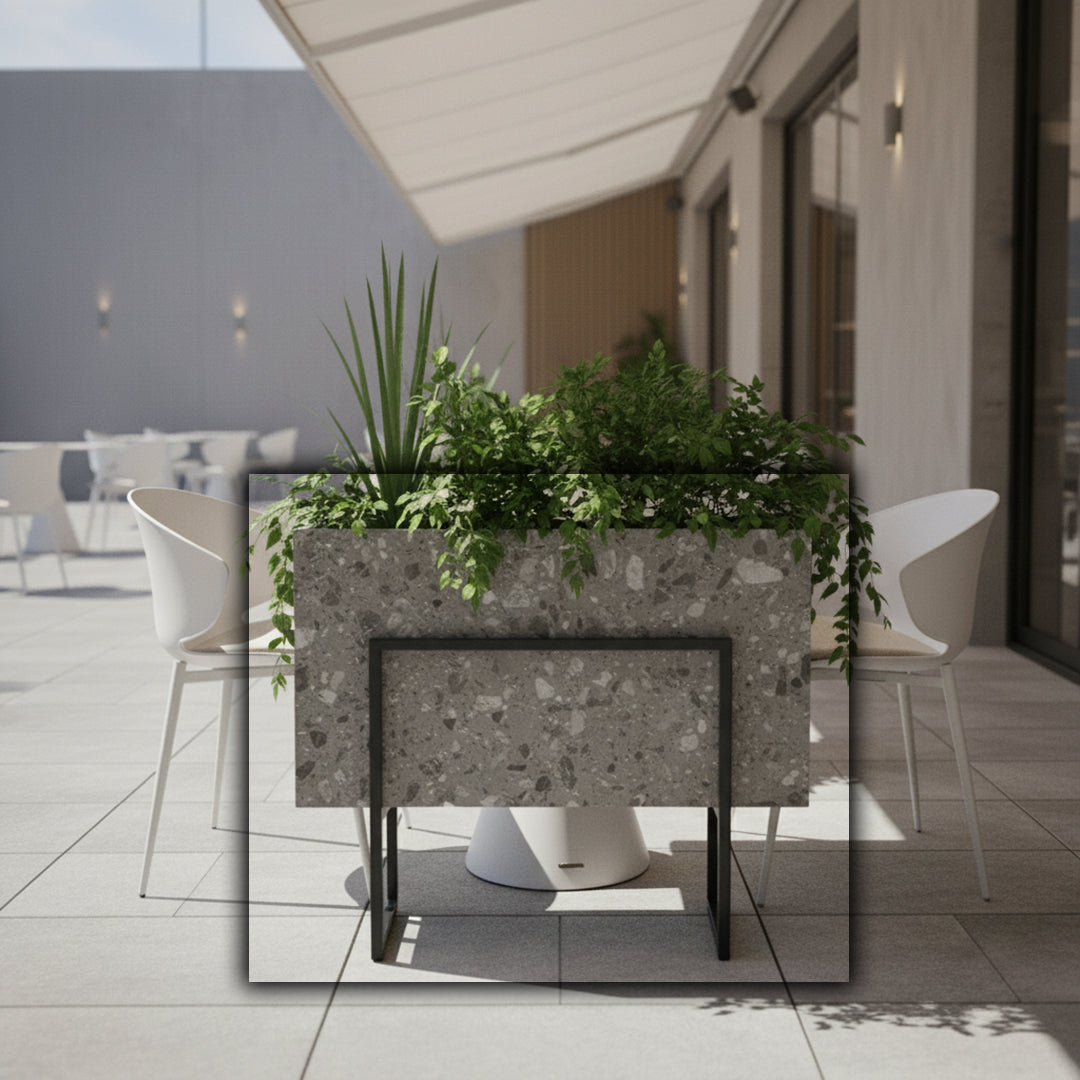 BEACON terrazzo planter box 309-N0370 with a speckled surface, ideal for indoor or outdoor plant display.