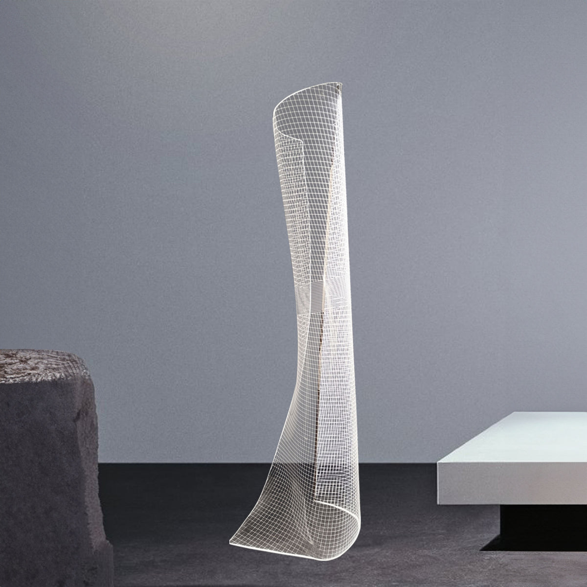 Transparent torso floor lamp by BEACON, modern clear glass design on a sleek stand, ideal for contemporary living spaces.