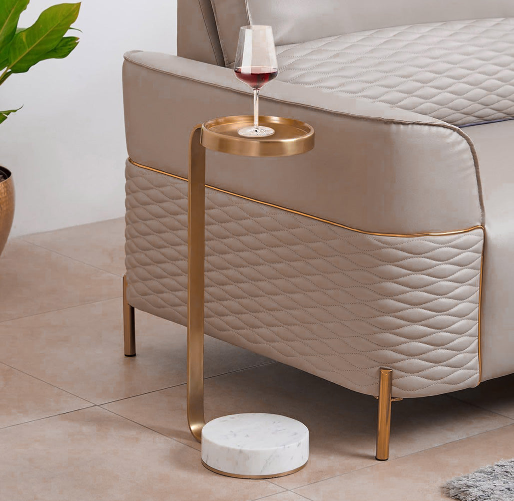 Copper side table with travertine top and gold metal accents, modern Beaconside table design.