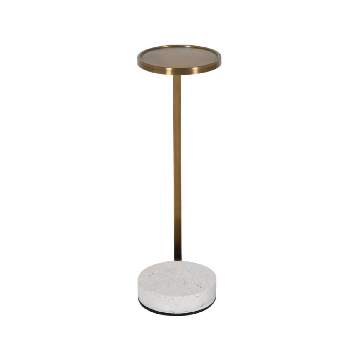 Copper side table by BEACON with travertine top and gold metal accents, modern design for living room or bedroom.
