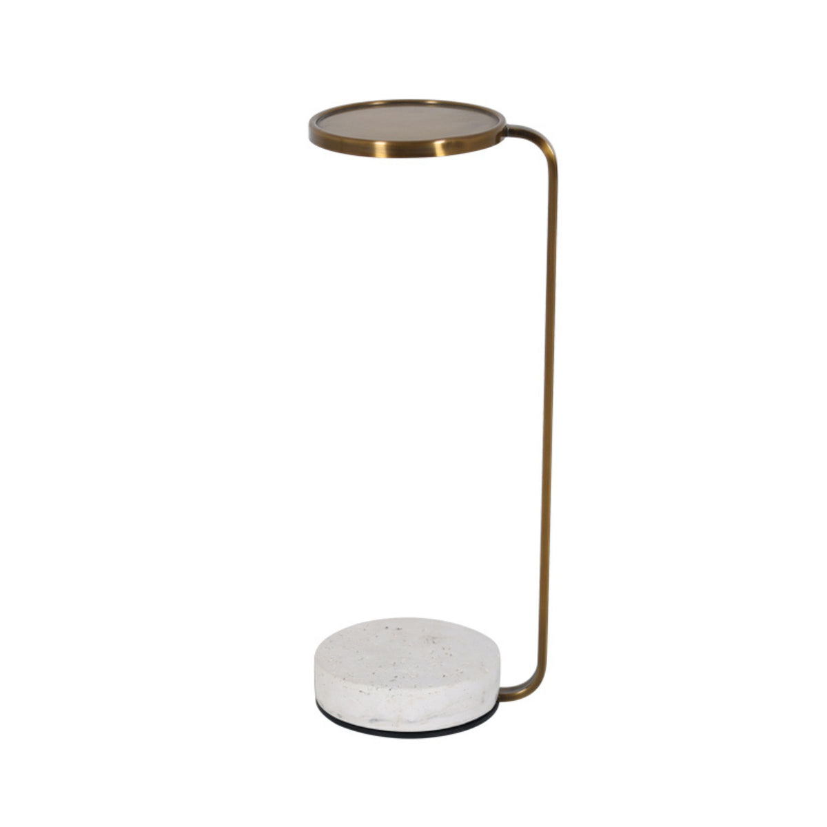 Copper side table with travertine top and gold metal accents, modern BEACON side table design.