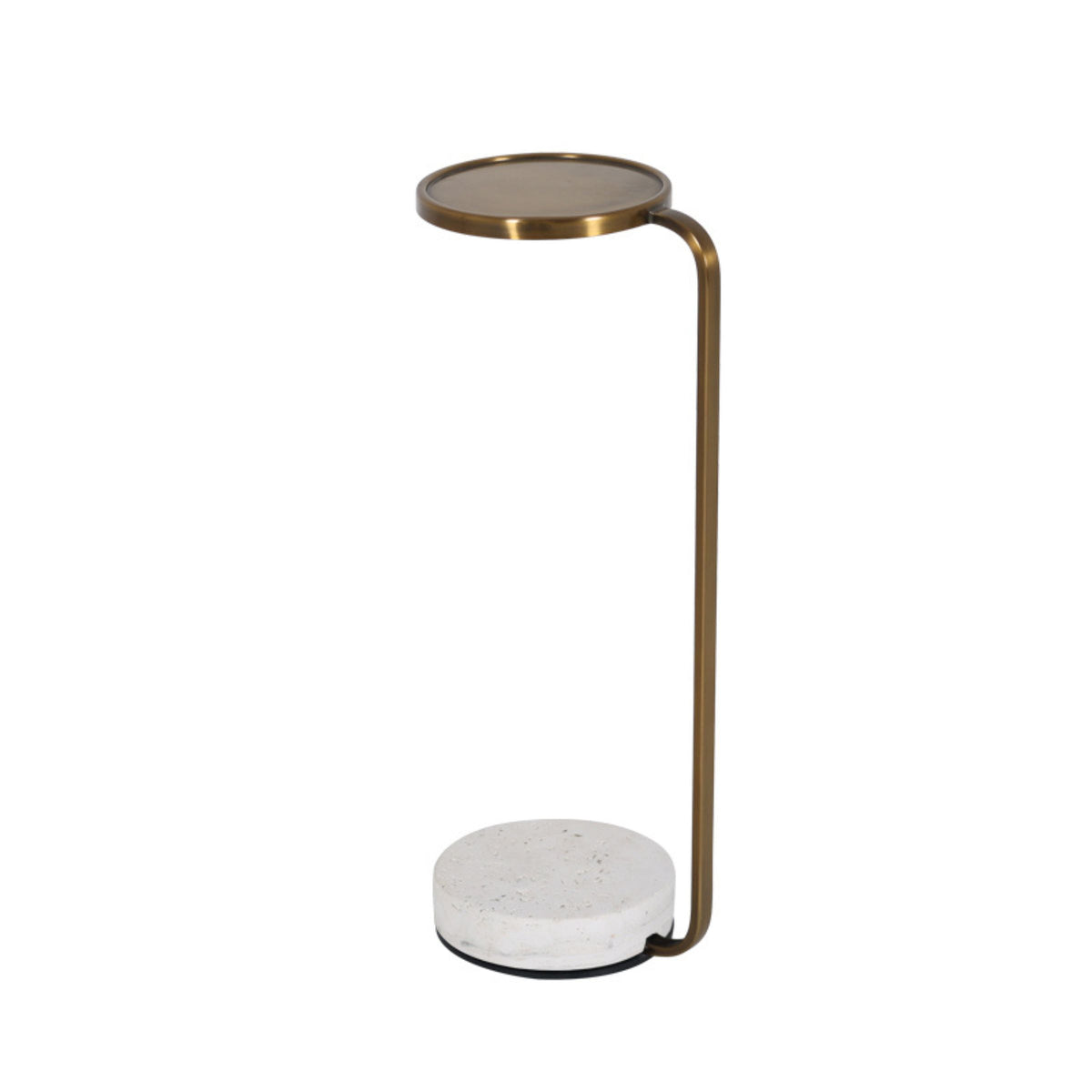 Copper side table with travertine top and gold metal accents, modern BEACON MO side table design.