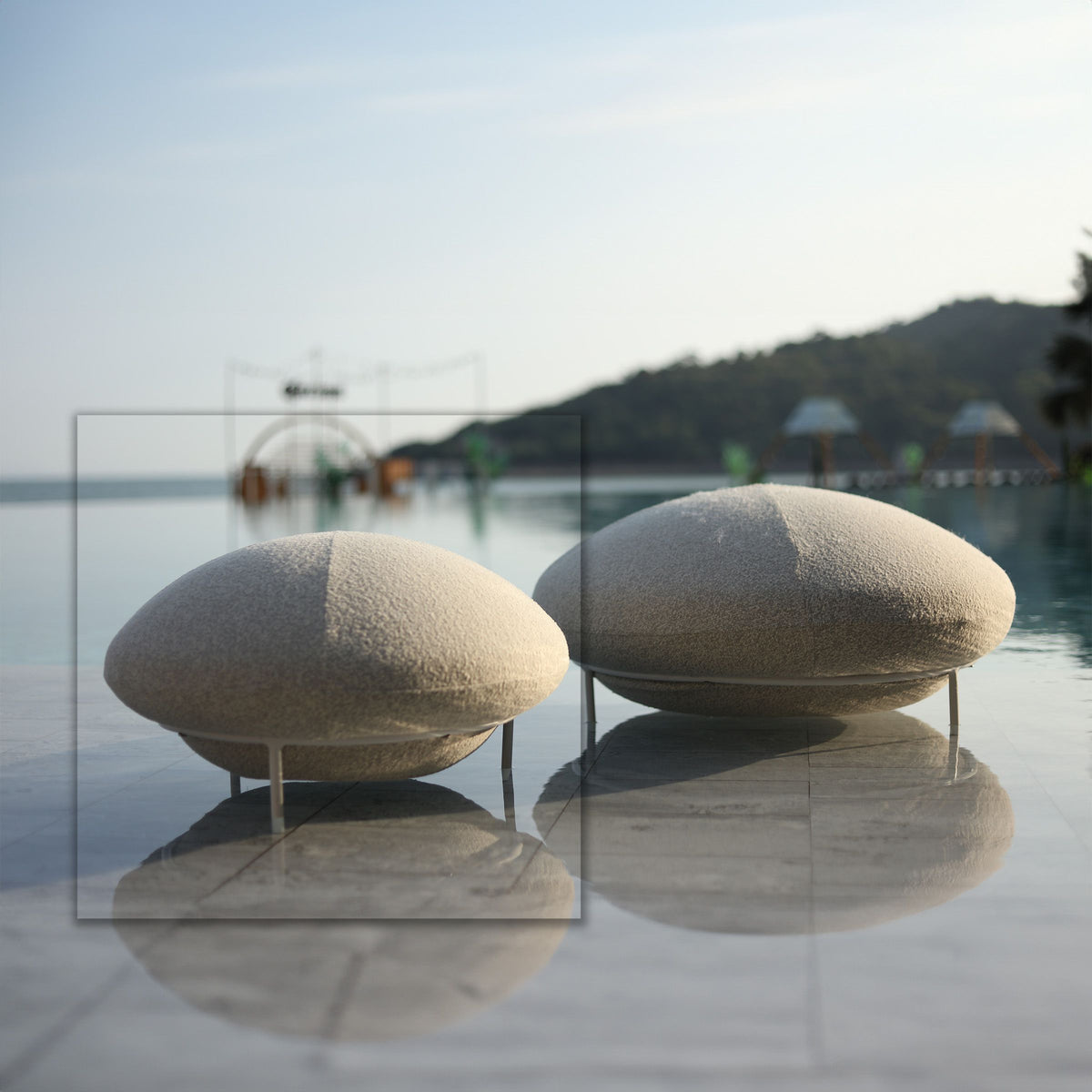Sand-colored UFO Outdoor Small Stool by BEACON, lightweight outdoor chair with a matte finish, perfect for patio or garden use.
