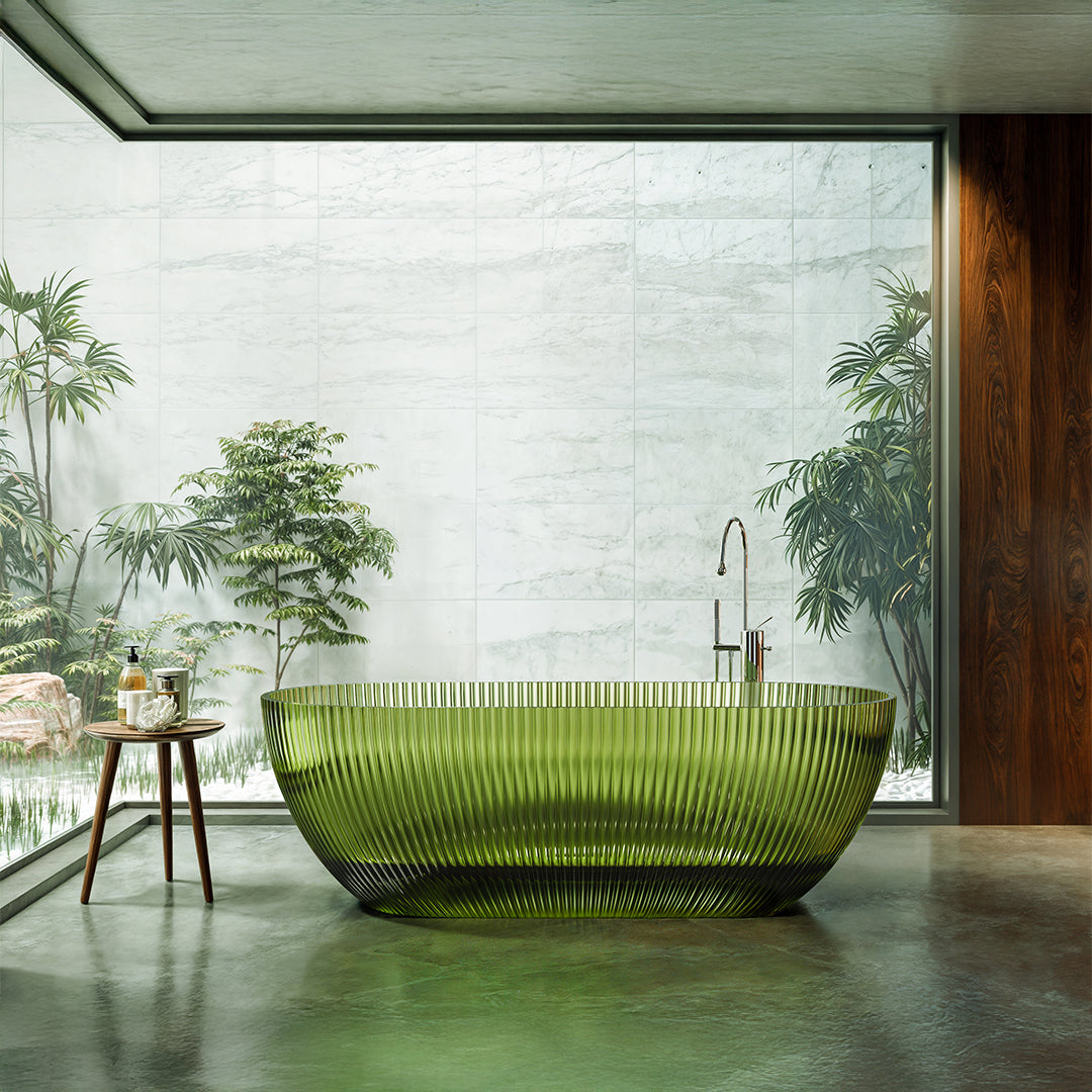BEACON Velora Bathtub SNT1070, modern white acrylic bathtub with sleek design, shown from a side angle.