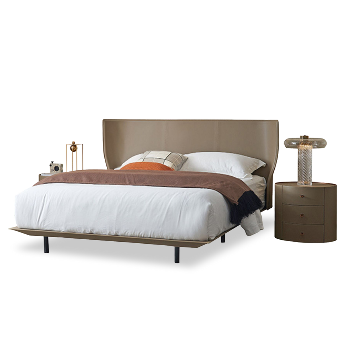 Khaki Verona single size bedstead by BEACON with wooden frame and simple design, shown from a side view.
