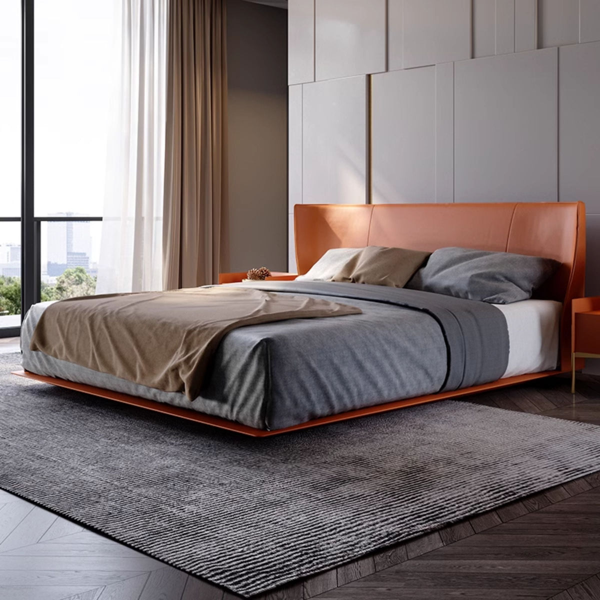 Orange Verona Queen Size Bedstead by BEACON with sleek design and wooden finish, shown in a modern bedroom setting.