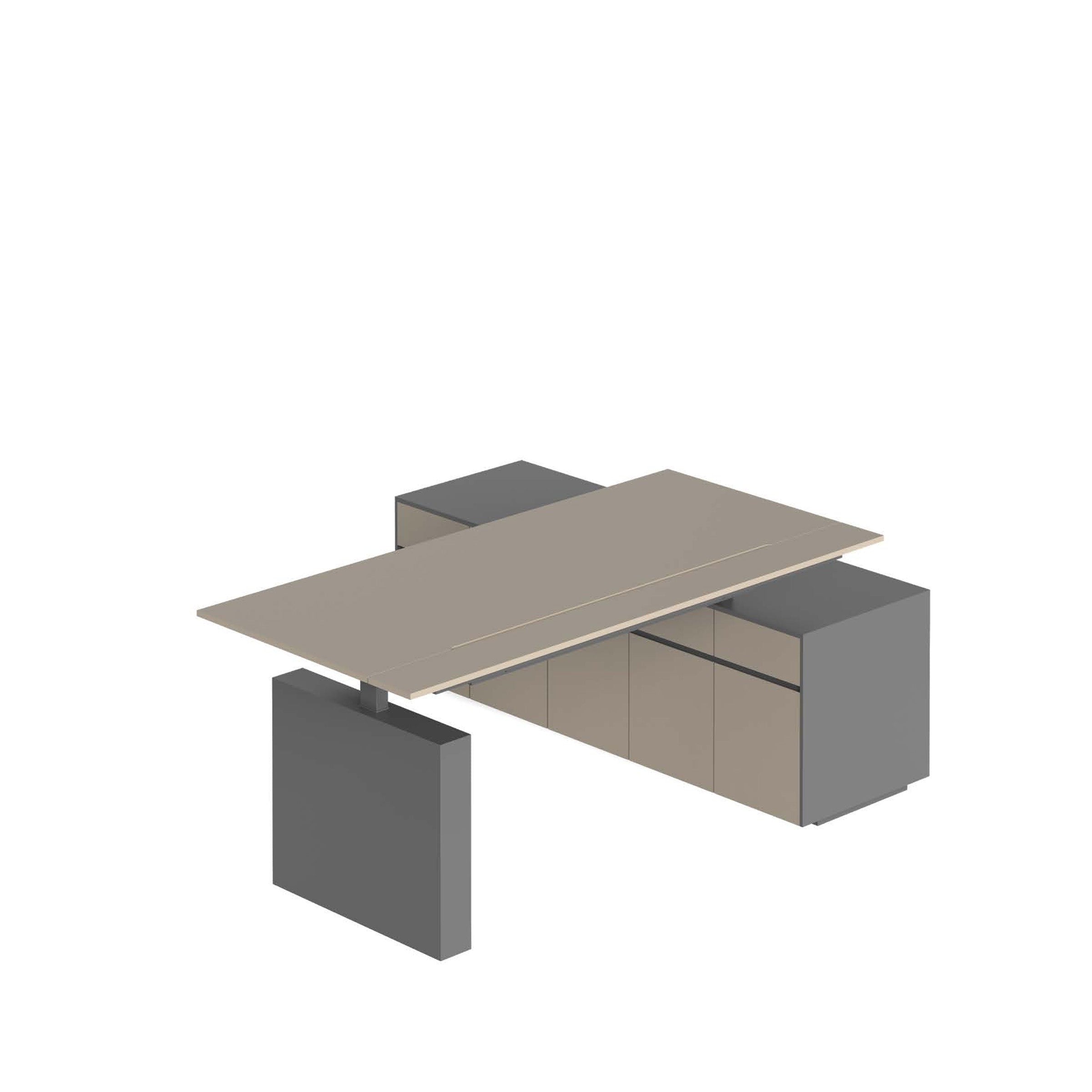 Vipo lift and push-pull office desk in wood finish with adjustable height 75-115 cm, 240x190 cm size, by BEACON WZDDG.