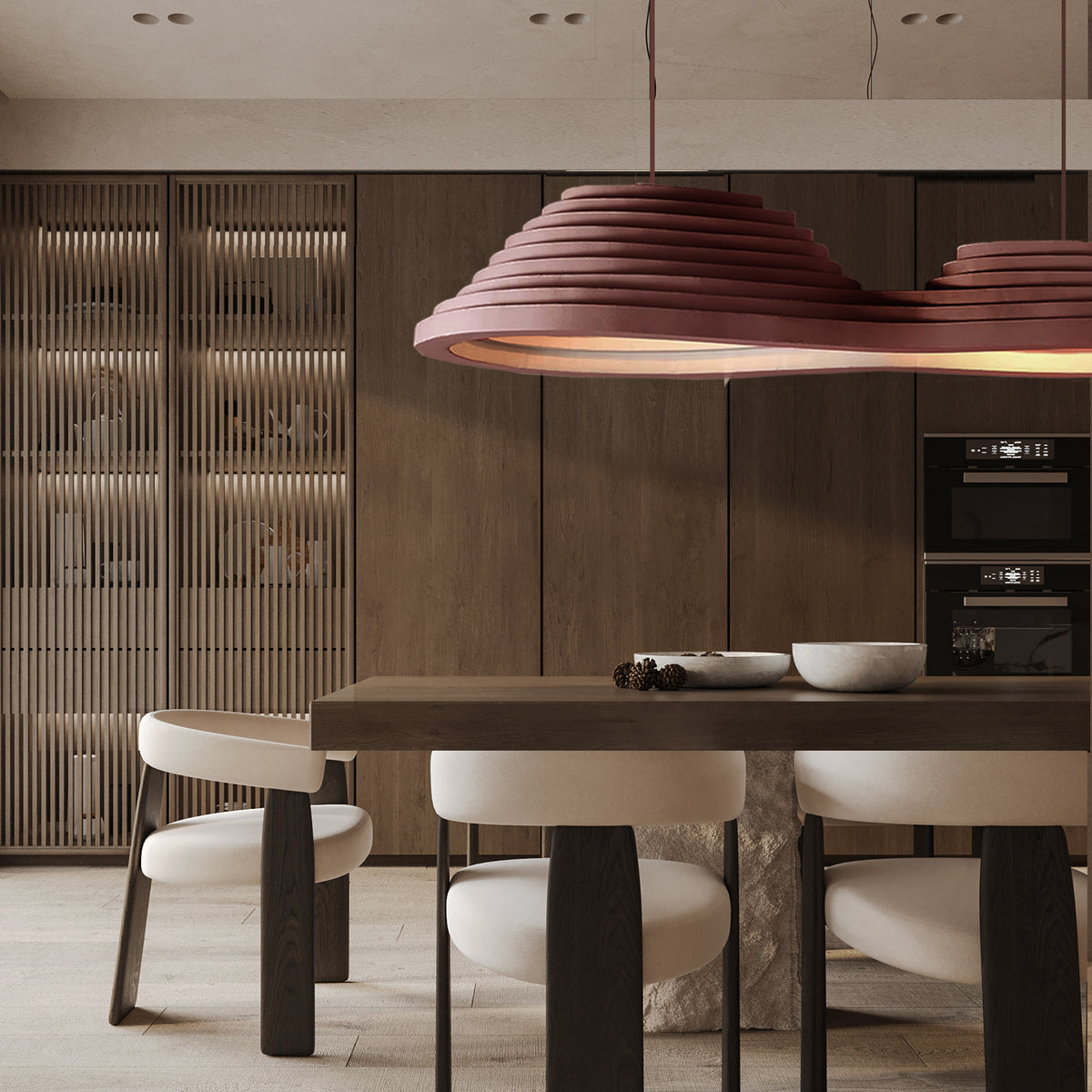 Wabi Sabi clay pendant light by BEACON, rustic ceramic fixture with textured, earthy finish, hanging from a ceiling.