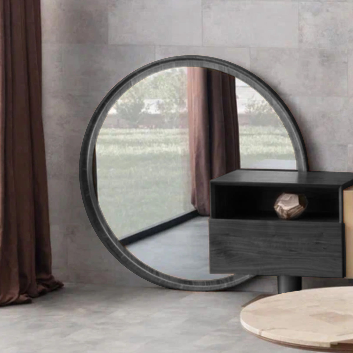 Black wagon console mirror by ORIX, featuring a sleek rectangular design and sturdy mounting for stylish interior accents.