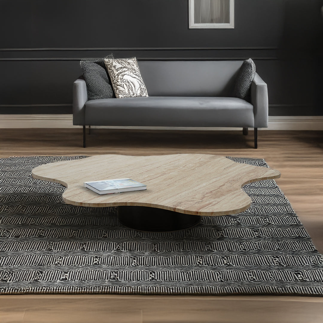White travertine coffee table by BEACON with sleek rectangular design, smooth surface, and modern style.