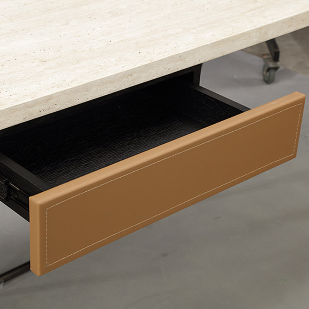 White Travertine Office Desk with Drawer by BEACON, 200cm long, modern design, smooth surface, ideal for workspace setup.