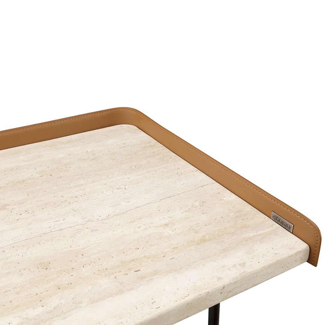 White travertine office desk with drawer from BEACON, 200cm long, modern design, suitable for home or workspace.
