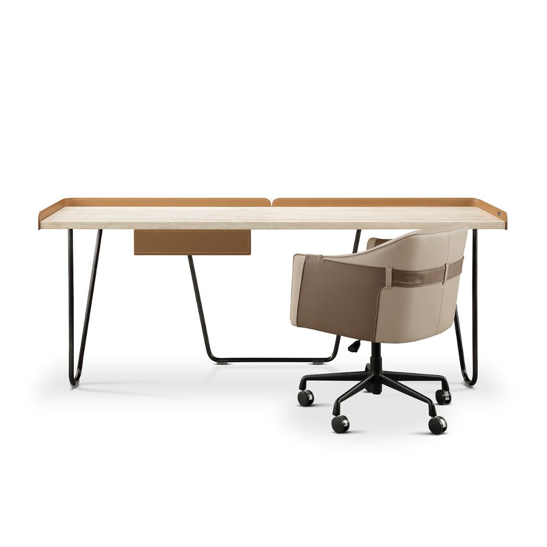 White travertine office desk with a drawer from BEACON, 200cm wide, modern design, ideal for workspace or home office.