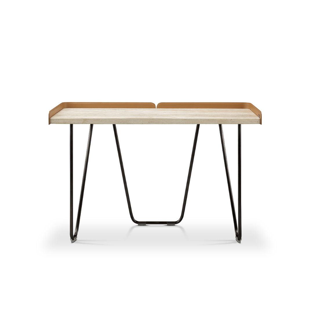White Travertine Office Desk by BEACON without drawer, modern rectangular desk for workspace or home office.
