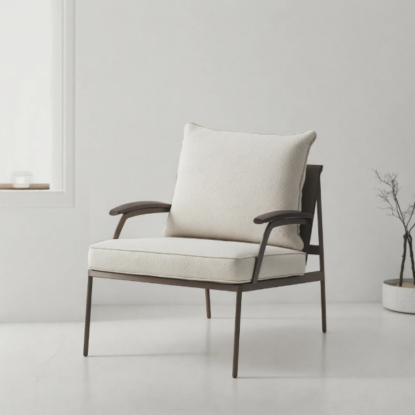 Willow beige lounge chair by BEACON, modern armchair with soft cushioned seat and sleek wooden legs, indoor furniture.