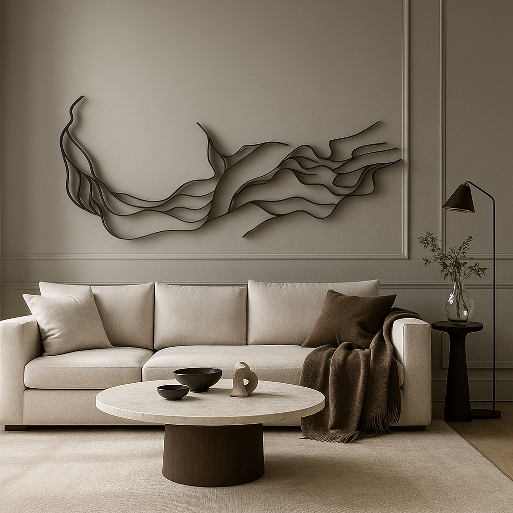 Wind handcrafted stainless steel artwork by BEACON, black metal sculpture with intricate wind-inspired design.