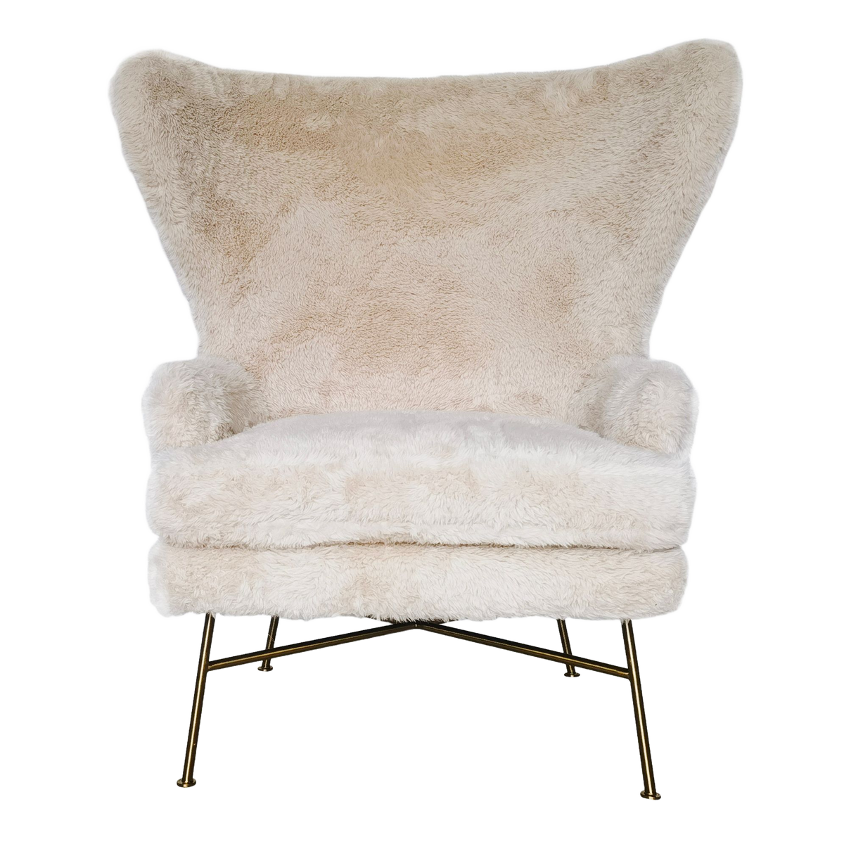 Tan SAGEBROOK HOME wing-back lounge chair with wooden legs, upholstered in soft fabric, showcasing its elegant design.