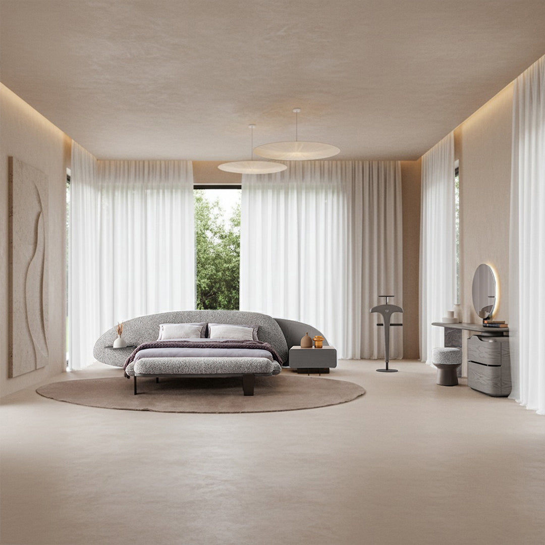 HOMAGE KOLTUK Wogg Pouf HM-W/POUF011 in neutral fabric, round design, plush seating, modern style for living room decor