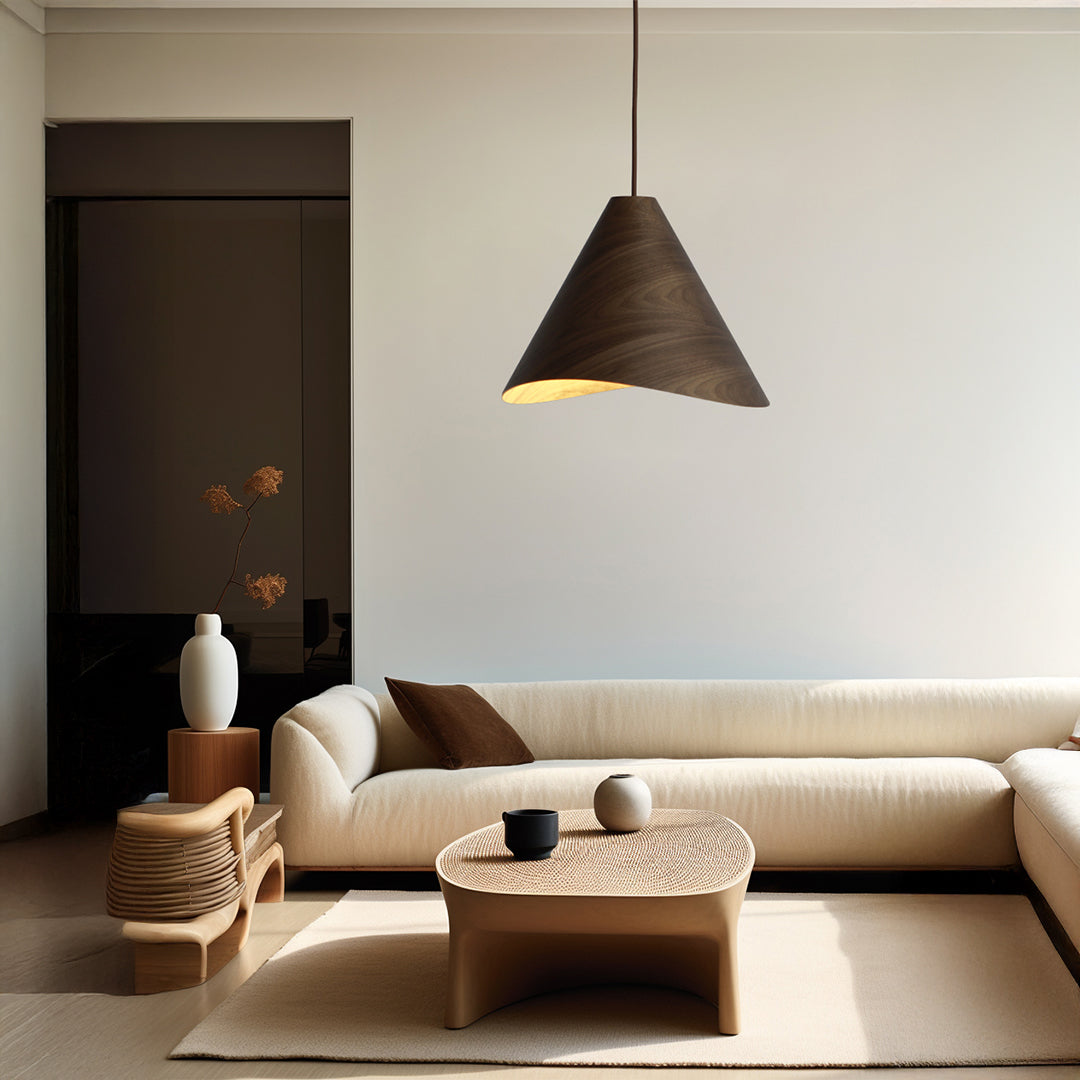 Wood Wave Pendant Lamp in walnut wood color by WFLDG, featuring a sleek, wave-shaped design for modern interior lighting.