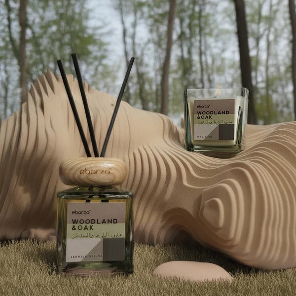 WOODLAND & OAK Bundle - Stylish Scented Candle (190g) & Sticks Diffuser (180ml) | Ebarza Vibes - Stick Diffusers - ebarza Furniture UAE | Shop Modern Furniture in Abu Dhabi & Dubai - مفروشات ايبازرا في الامارات | تسوق اثاث عصري وديكورات مميزة في دبي وابوظبي