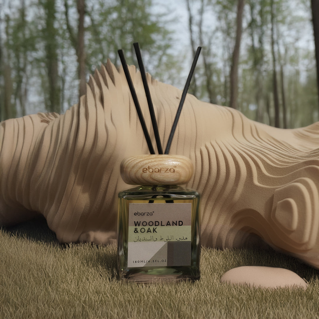 Woodland & Oak stylish 180g stick diffuser by M&SENSE, featuring natural woodgrain design and elegant fragrance sticks.