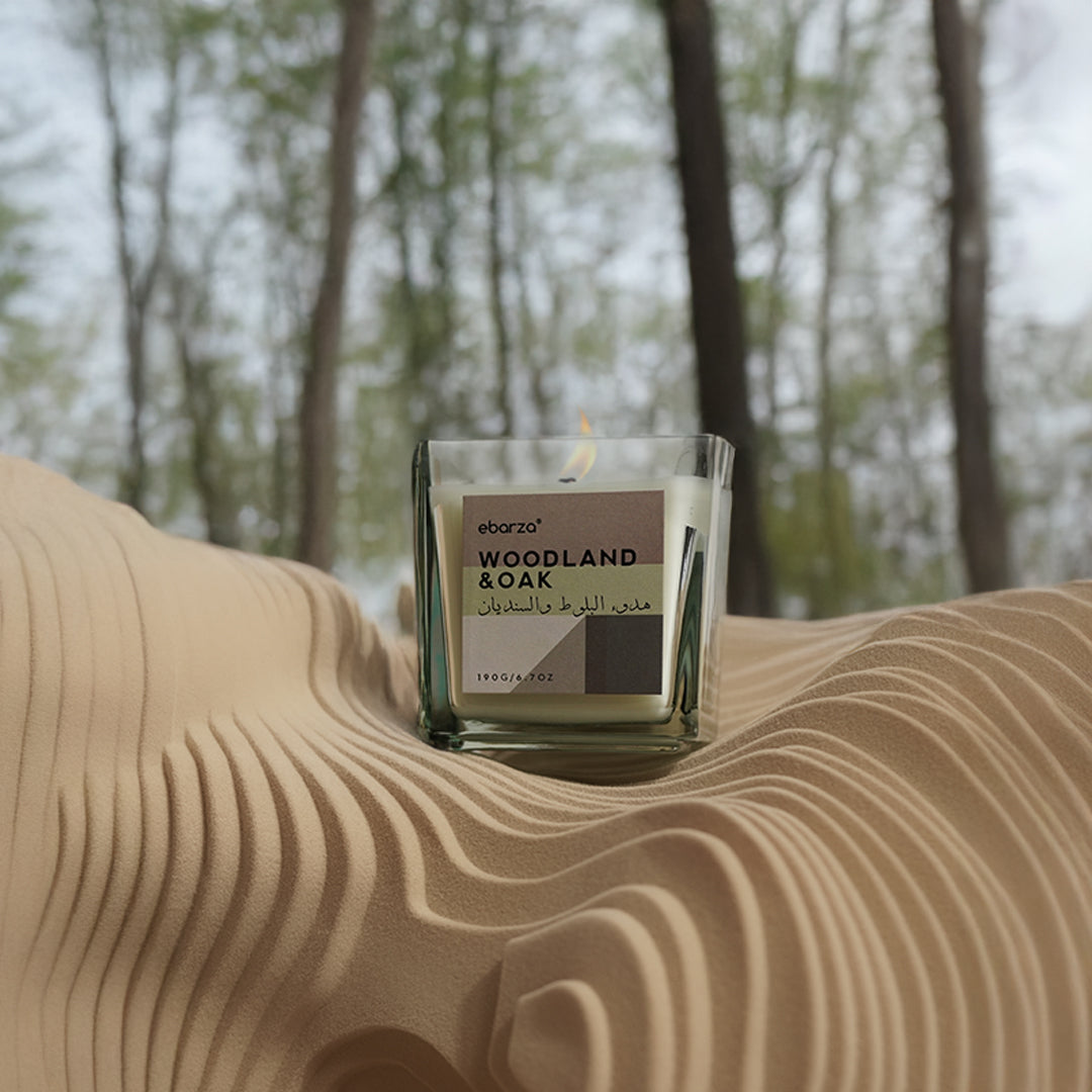 Woodland & Oak scented candle by M&SENSE, stylish Oud Wood design, 190g with natural wood and oak imagery.