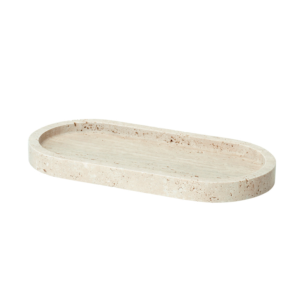 Yellow travertine oval small tray by BEACON, featuring a smooth surface and elegant design for decorative or serving use.