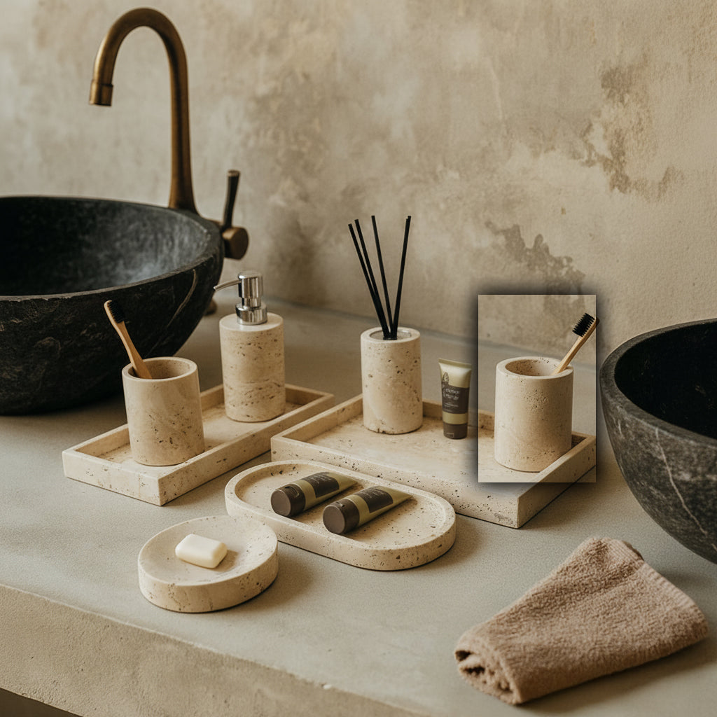 Yellow travertine round cup for bathroom accessories by BEACON, designed for holding toothbrushes or small items.